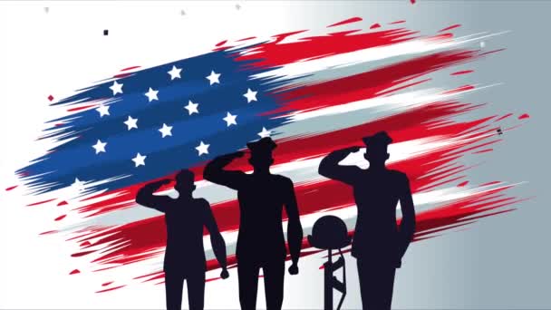 Animação dia veteranos felizes com soldados silhuetas e bandeira dos EUA — Vídeo de Stock