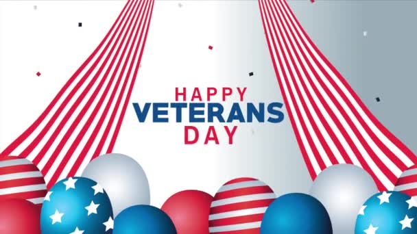 Feliz día de veteranos lettering animación con globos de helio y marco de la bandera — Vídeo de stock