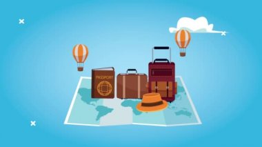Kağıt harita ve balonlar ile dünya turizm animasyonu sıcak hava