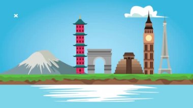 Anıtlar ve göl manzaralı dünya turizm animasyonu