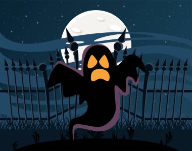 Cadılar bayramı hayaleti çit kapısında yüzüyor.