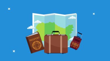 Kağıt harita ve simgelerle dünya turizm animasyonu