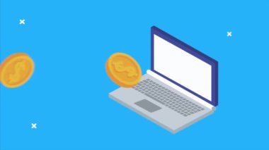 Bilgisayar dizüstü bilgisayarı ve madeni paralarla veri sunucu analizi animasyonu