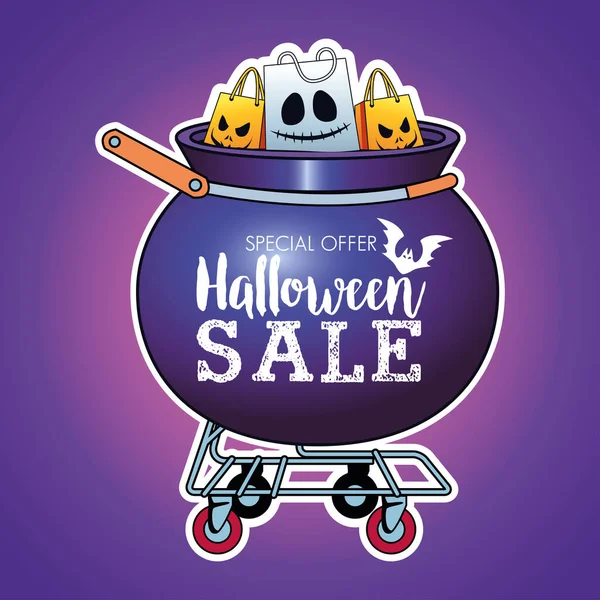 Halloween verkoop seizoensgebonden poster met boodschappentassen in ketel kar — Stockvector