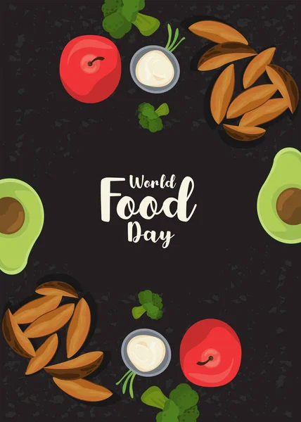 Cartel del día mundial de la comida con verduras en fondo negro — Vector de stock