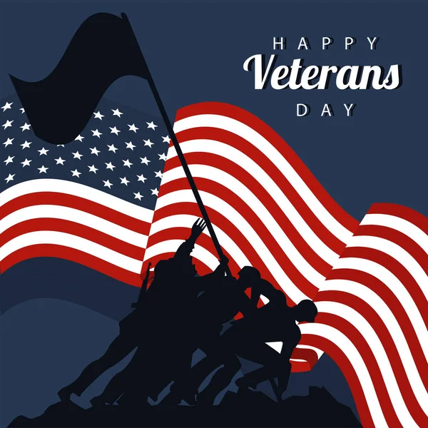 幸せな退役軍人の日のレタリングポールシルエットで兵士リフティングフラグ付きポスター — ストックベクタ