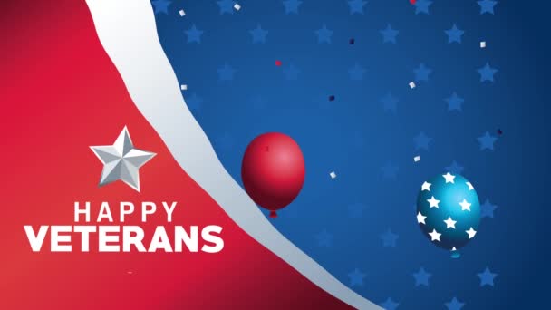 Feliz día de veteranos lettering animación con globos helio flotante — Vídeo de stock
