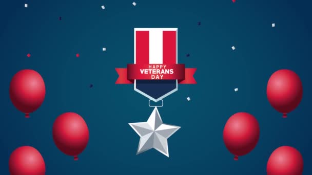 Щасливі ветерани день анімації з медаллю і повітряними кульками гелій — стокове відео