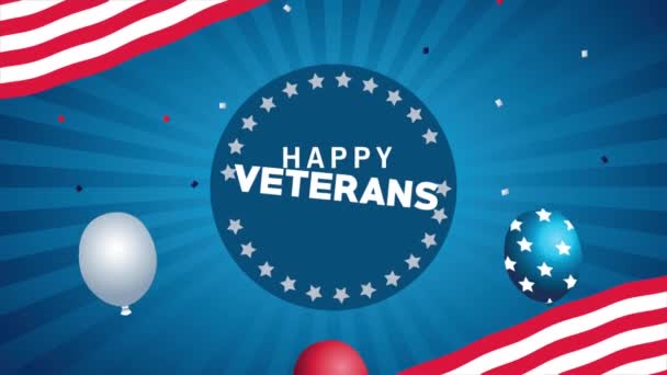 Happy Veteranen Day Schriftzug Animation mit Fahne und Luftballons Helium im runden Rahmen — Stockvideo