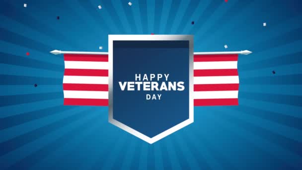 Animação feliz dia veteranos lettering com escudo e bandeira — Vídeo de Stock