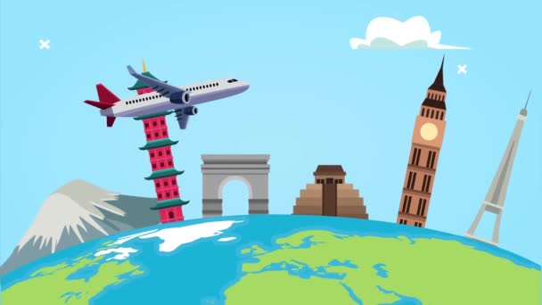 Animação turística mundial com avião voando em monumentos e planeta terra — Vídeo de Stock