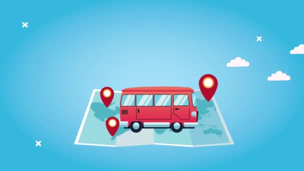 Animación del turismo mundial con furgoneta en papel mapa y pines ubicaciones — Vídeos de Stock