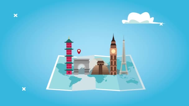 Wereld toerisme animatie met monumenten op papier kaart — Stockvideo