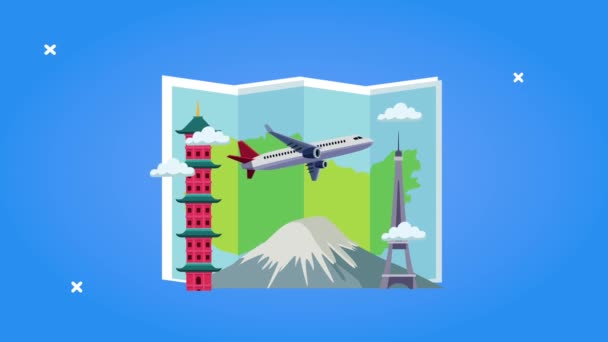 Wereld toerisme animatie met papieren kaart en vliegtuig vliegen in monumenten — Stockvideo