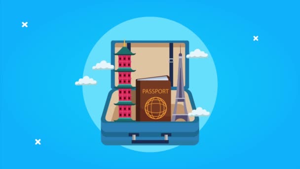 Wereld toerisme animatie met monumenten en paspoort in koffer — Stockvideo