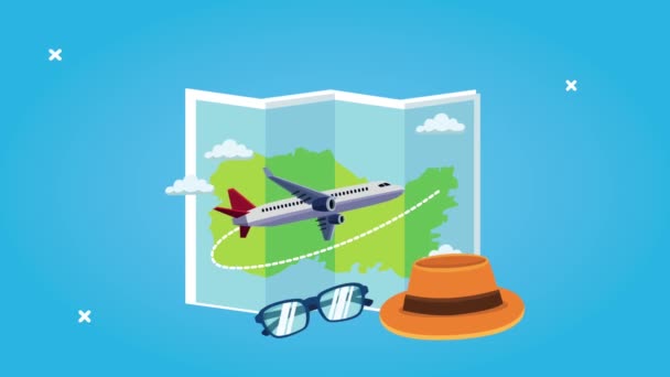 Animación del turismo mundial con mapa y avión volando — Vídeos de Stock