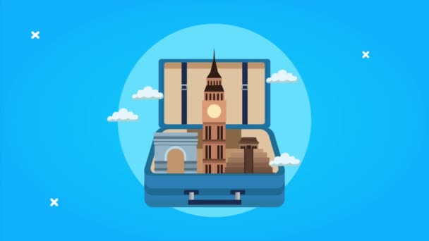 Wereld toerisme animatie met monumenten in koffer — Stockvideo