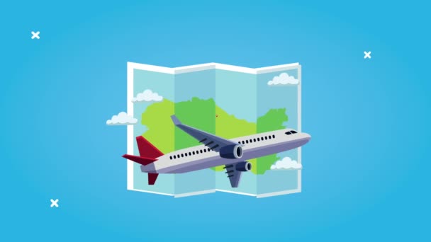 Wereld toerisme animatie met papieren kaart en vliegtuig vliegen — Stockvideo
