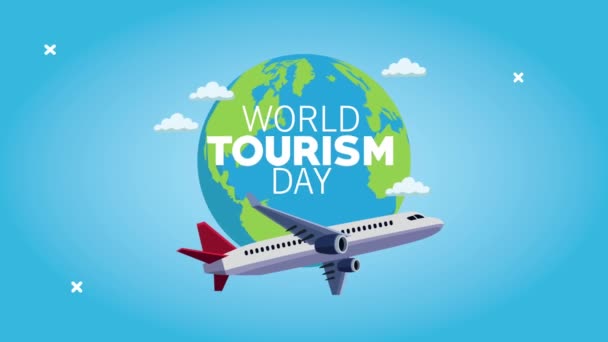 Letras del día del turismo mundial con avión y planeta tierra — Vídeos de Stock