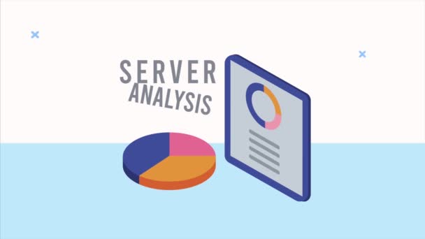 Animación de análisis de servidores de datos con estadísticas de tabletas y pasteles — Vídeos de Stock