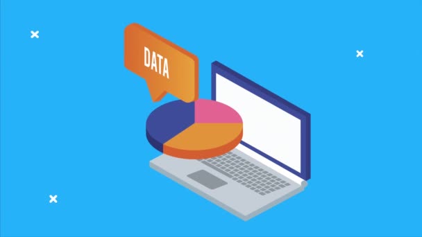 Animación de análisis de servidores de datos con computadora portátil y pastel de estadísticas — Vídeos de Stock