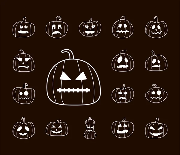 Paquete de calabazas de halloween en marrón línea de fondo iconos de estilo — Archivo Imágenes Vectoriales