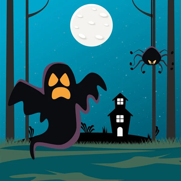 Ragno di Halloween appeso con fantasma e casa infestata — Vettoriale Stock