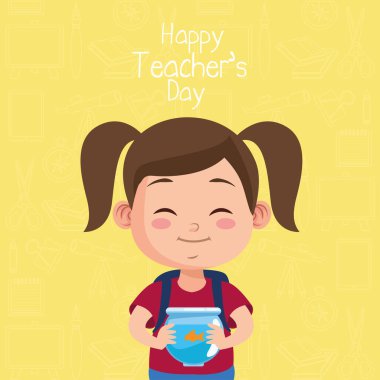 Öğretmenler günü harfleriyle akvaryum kaldıran sevimli küçük kız öğrenci.