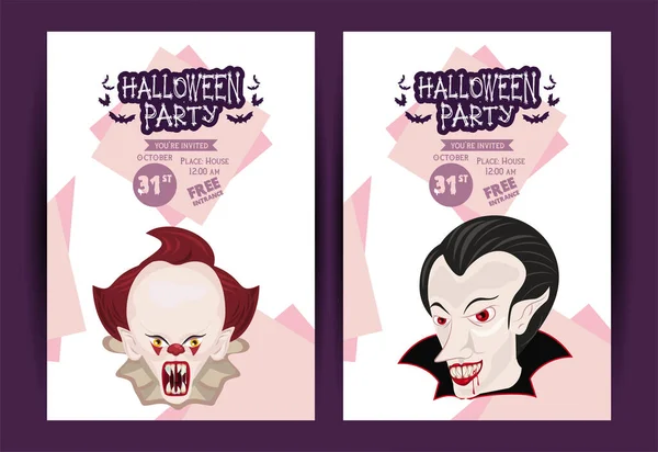Halloween horror festa festa cartaz com palhaço escuro e vampiro — Vetor de Stock