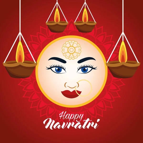 Tarjeta de celebración navratri feliz con hermosa cara de diosa y velas colgando — Vector de stock