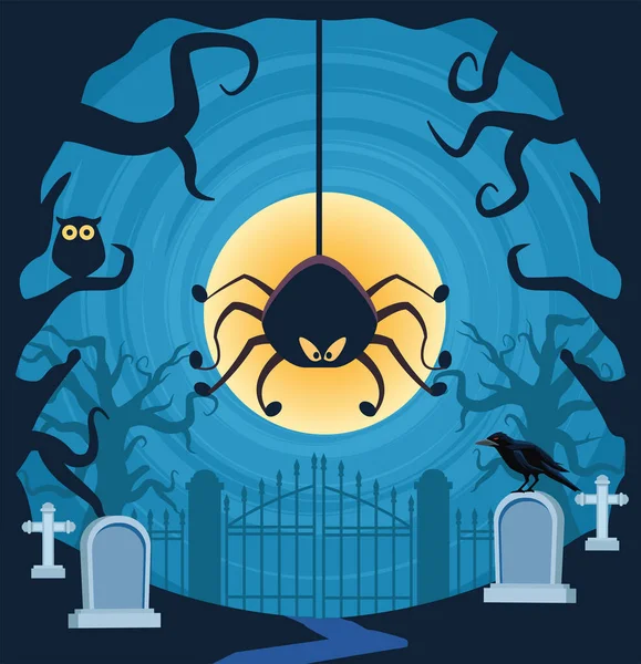 Halloween araignée suspendue dans la scène du cimetière — Image vectorielle