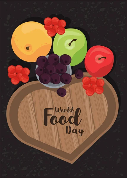 Cartel del día mundial de la comida con verduras en tabla de madera corazón — Vector de stock