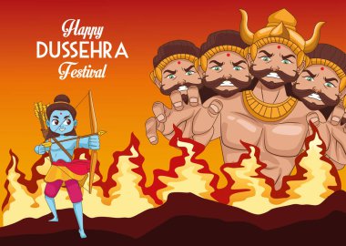 Mutlu dussehra festivali posteri, on başlı ravana ve Ramah Blue yanıyor.