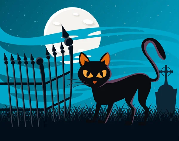 Halloween gato negro con luna llena en escena de noche — Vector de stock