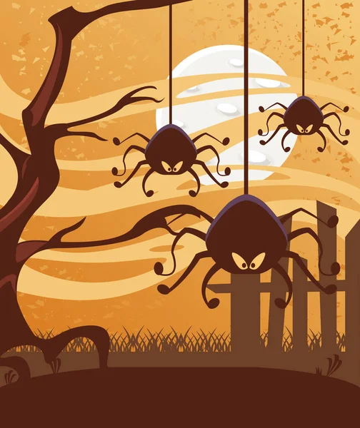 Halloween arañas colgando en la escena de la noche — Vector de stock