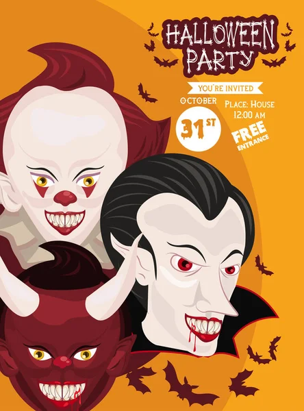 Απόκριες αφίσα γιορτή τρόμου κόμμα με την ομάδα των σκοτεινών χαρακτήρων — Διανυσματικό Αρχείο