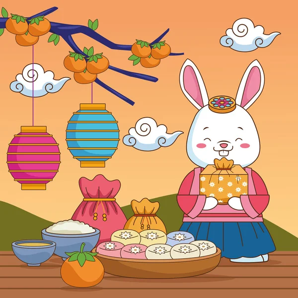Glad chuseok fest med kanin lyfta gåva och mat — Stock vektor