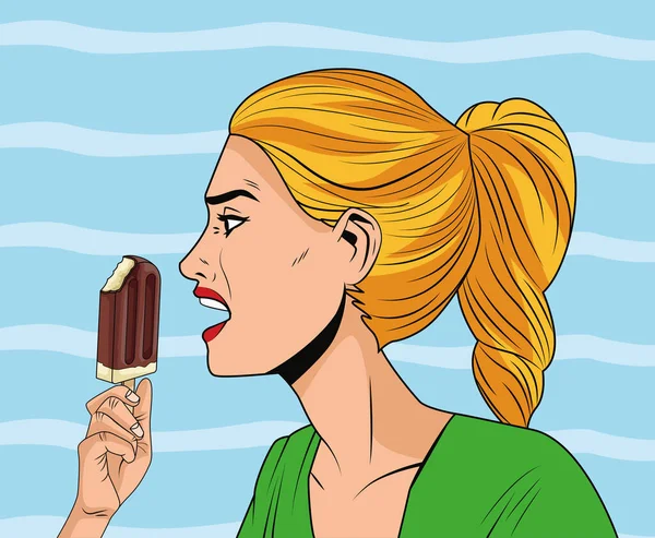 Enojado mujer perfil comer helado pop arte estilo carácter — Archivo Imágenes Vectoriales