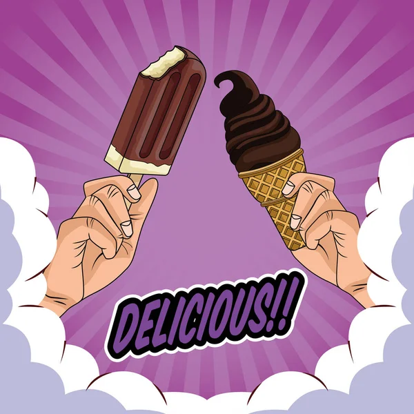 Ruce s lahodnými zmrzlinami pop art styl — Stockový vektor