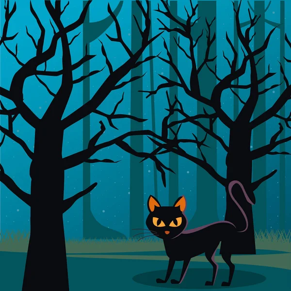 森林里的猫黑色与满月的夜晚 — 图库矢量图片