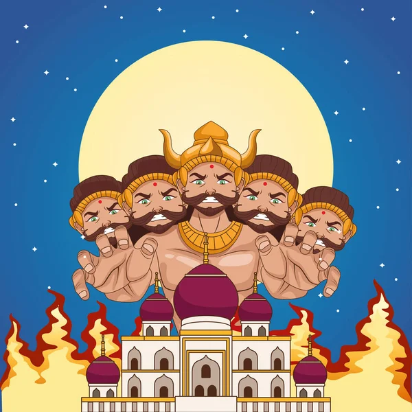 Cartel del festival dussehra feliz con diez ravana cabeza y edificio de la mezquita por la noche — Vector de stock