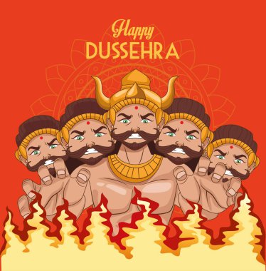 Mutlu dussehra festivali posteri on başlı ravana ve ateş alevleri