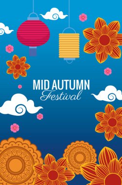 Sonbahar festivalinin ortasında çiçekler ve lambalar asılı.