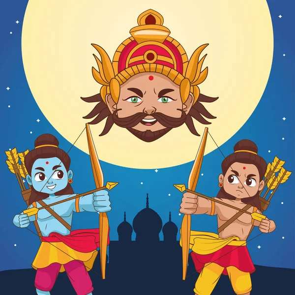 Cartel del festival dussehra feliz con dos personajes rama y ravana — Vector de stock