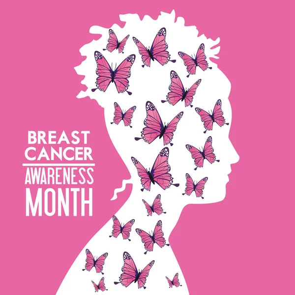 Breast cancer awareness month campaign poster with butterflies in silhouette woman — Stock Vector