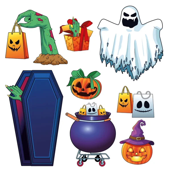Halloween verkoop seizoensgebonden poster met set items — Stockvector