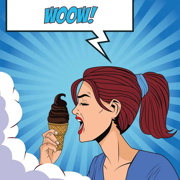 Perfil mulher irritada comer sorvete cone pop estilo de arte personagem —  Vetores de Stock