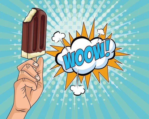 Mão com delicioso sorvete no estilo de arte pop stick — Vetor de Stock