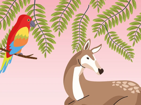 Vahşi tropik papağan kuşu ve yavru geyik sahnesi — Stok Vektör