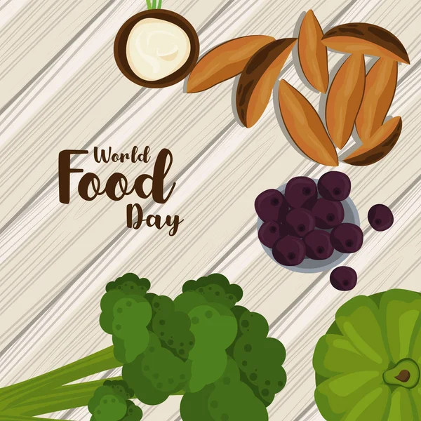 Cartel del día mundial de la comida con verduras en fondo de madera — Vector de stock